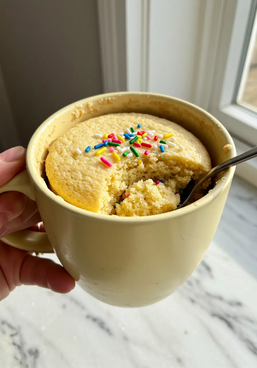 A hand holding a vanilla mug cake with a spoon on it.