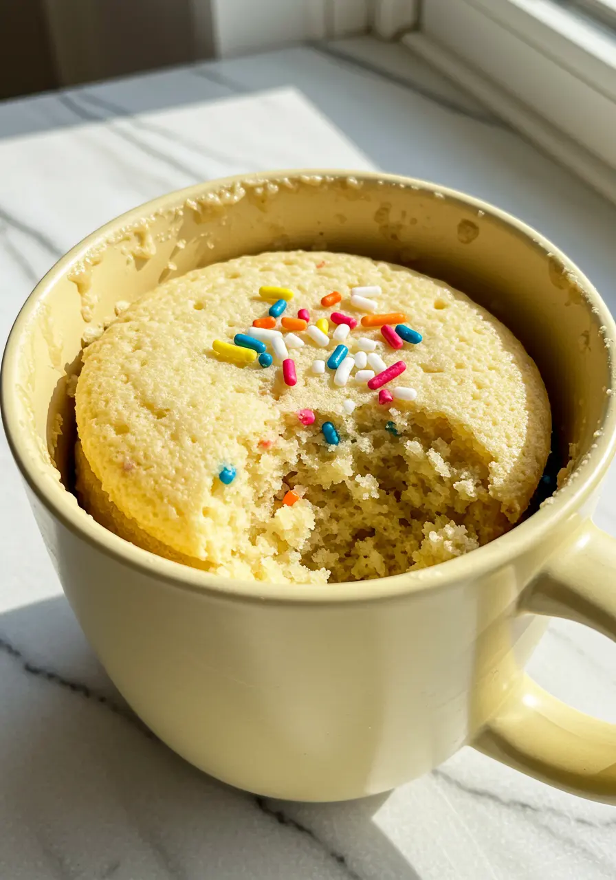 Vanilla mug cake in a light-yellow mug against a white marble plate.