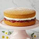 Victoria sponge cake on a light pink cake stand and some Marguerite's surround the cake stand.