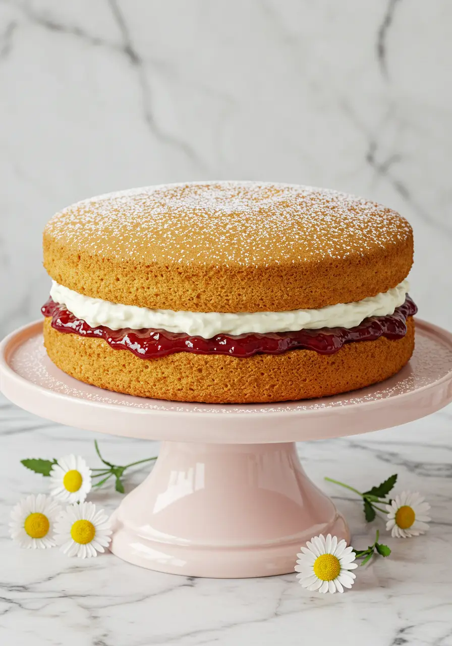 Victoria sponge cake on a light pink cake stand and some Marguerite's surround the cake stand.