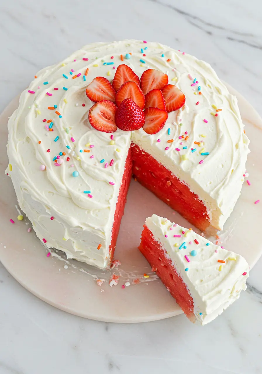 Watermelon cake with a slice taken out of it placed on a light pink marble plate.