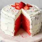 Watermelon cake placed on a light pink marble plate against a white marble surface.