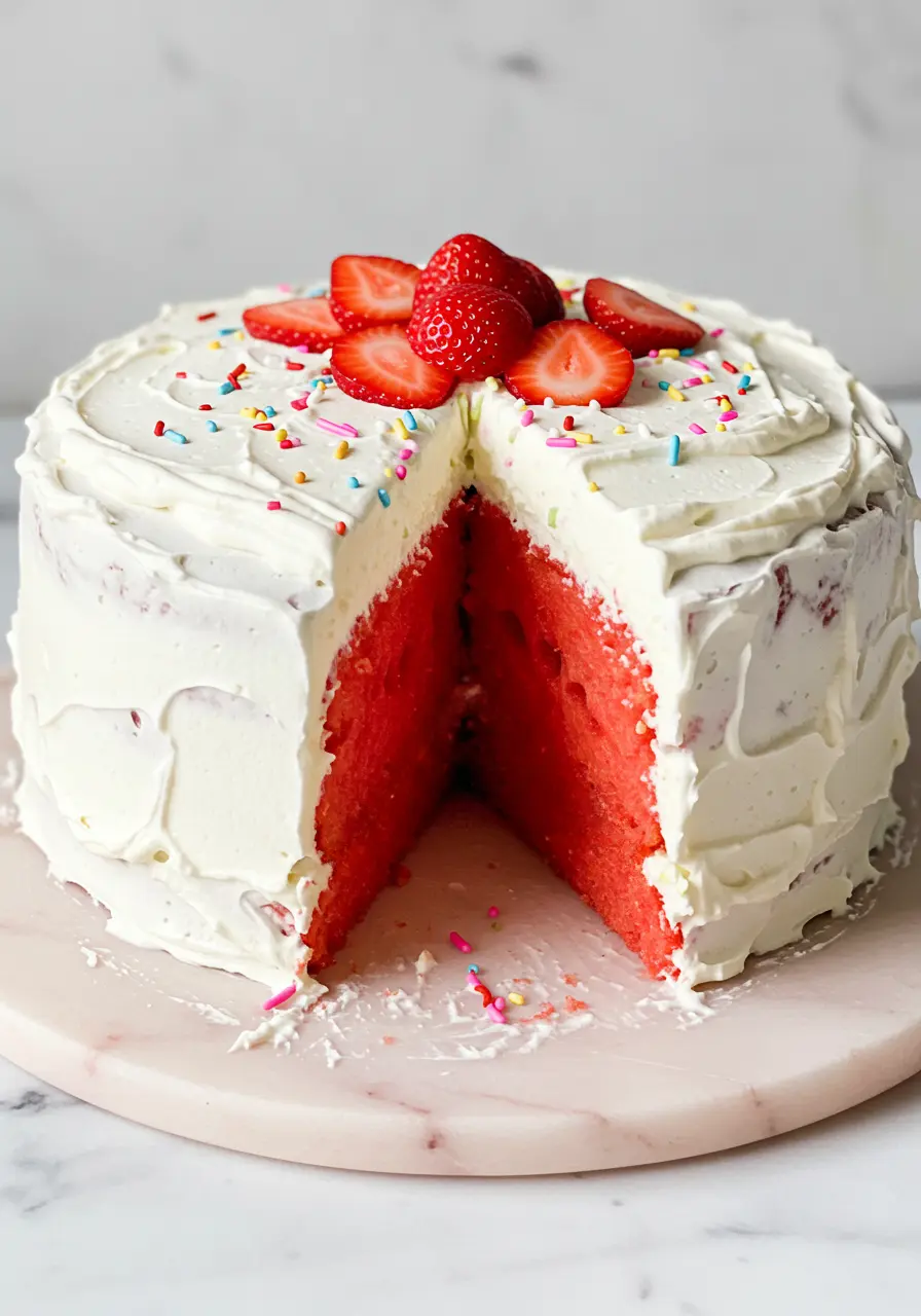 Watermelon cake placed on a light pink marble plate against a white marble surface.