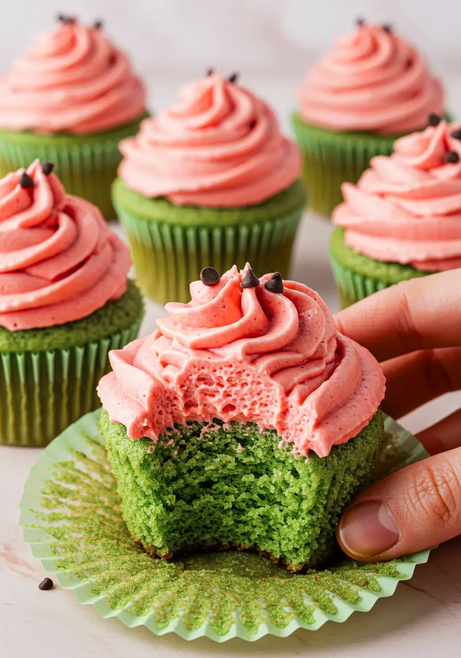 A hand holding one Watermelon Cupcake with a bite taken out of it.