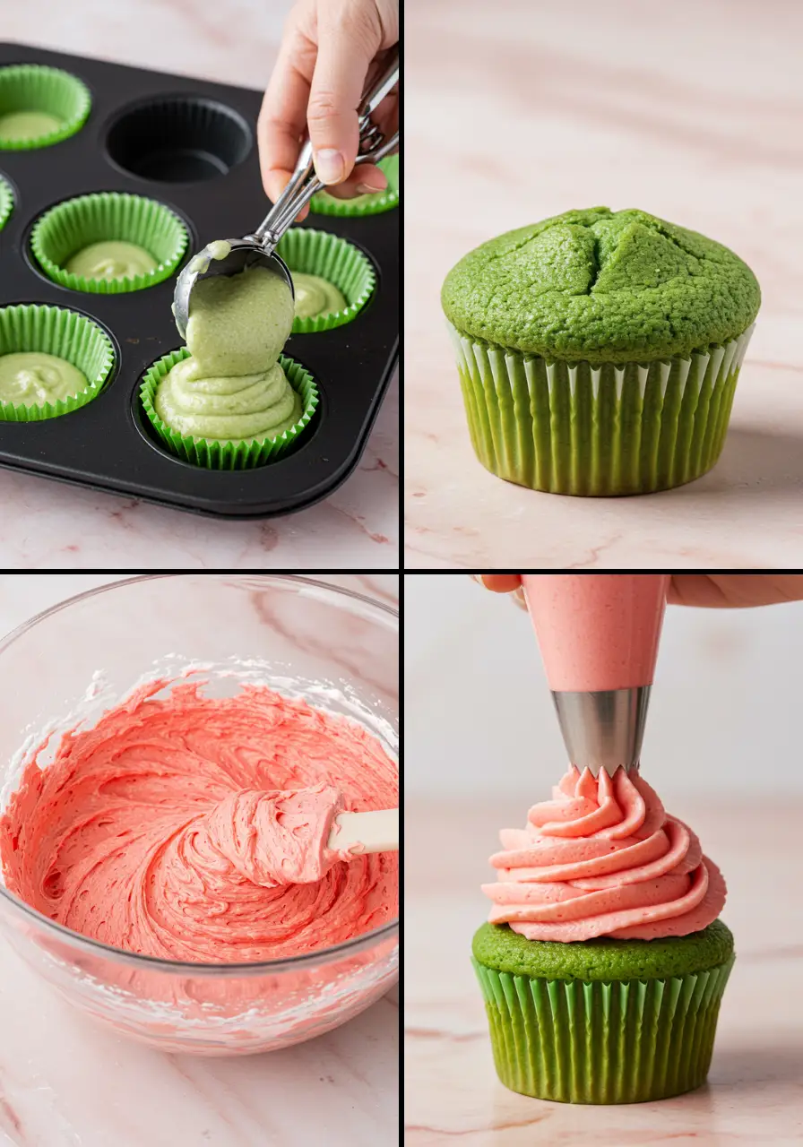 The steps to making Watermelon Cupcakes.