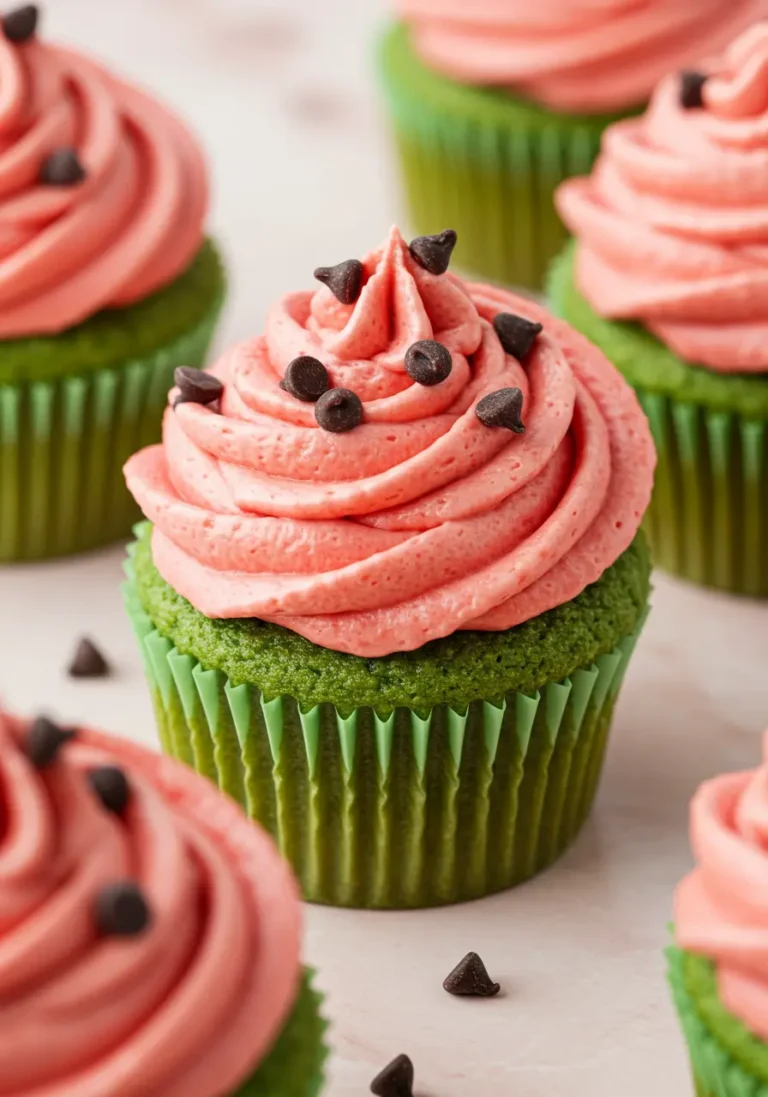 Watermelon cupcakes placed on a light pink surface.