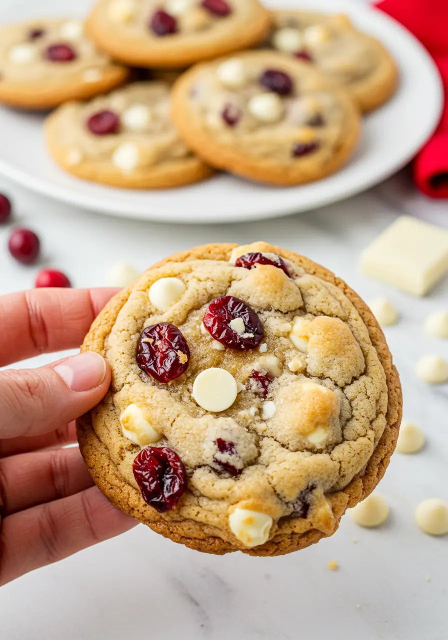 A hand holding a white chocolate cranberry cookie.