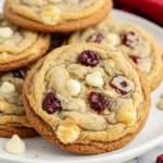 White chocolate cranberry cookies on a white plate.