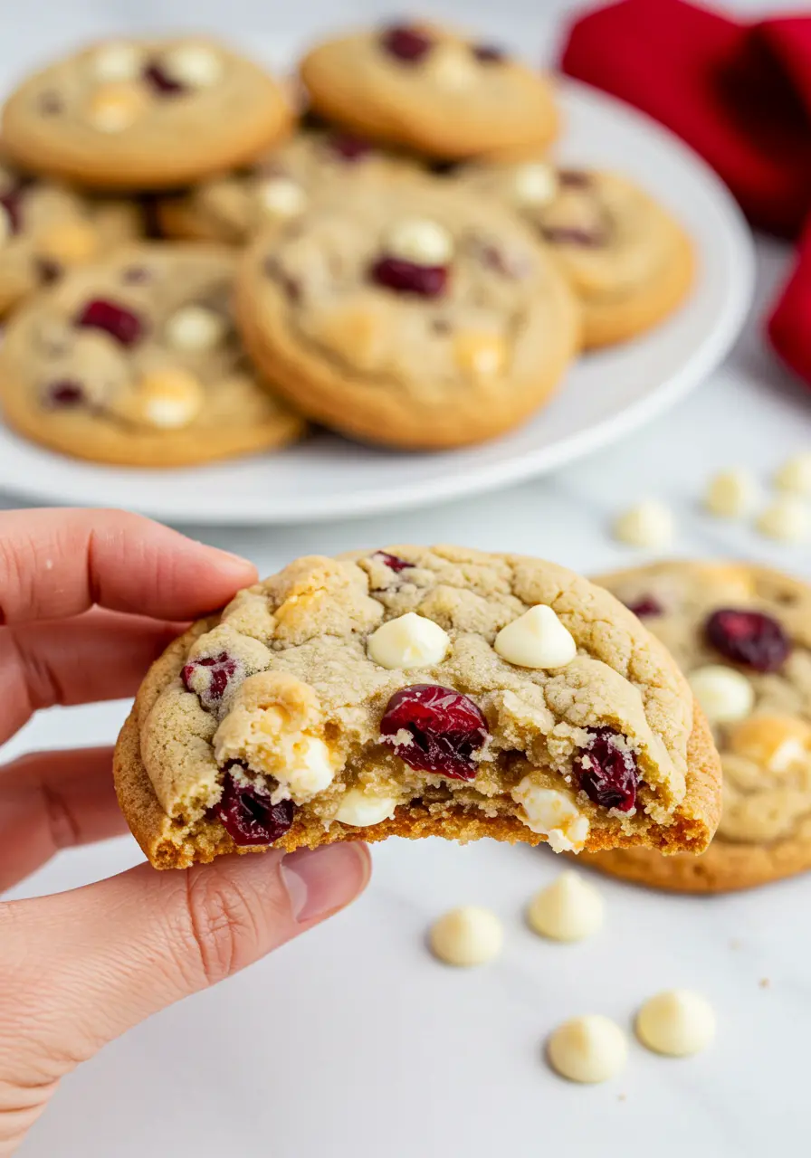 A hand holding a white chocolate cranberry cookie with a bite taken out of it.