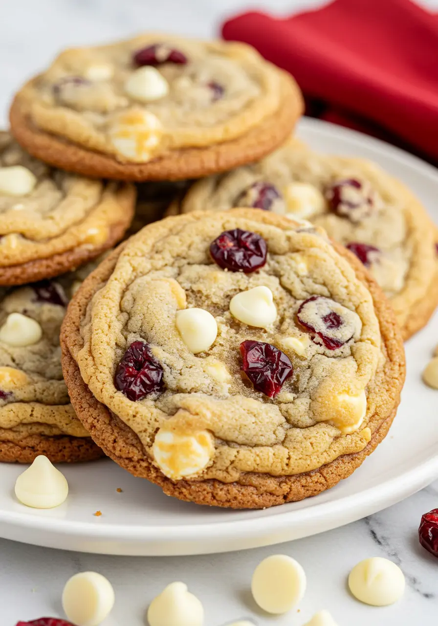 White chocolate cranberry cookies on a white plate.