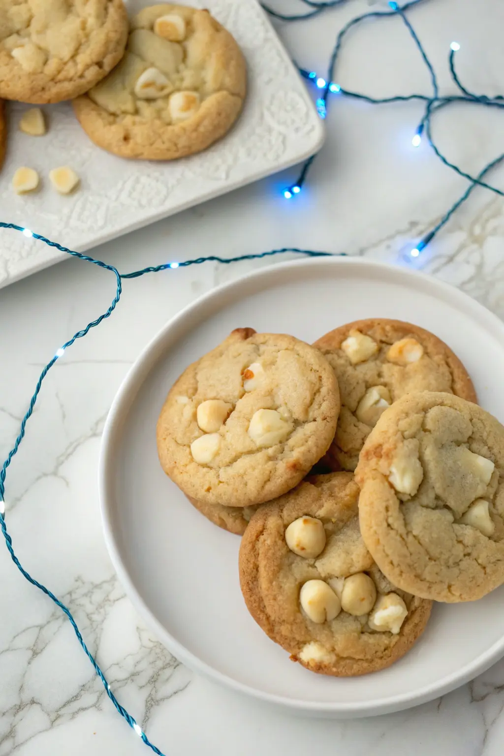 White chocolate macadamia nut cookies on a white plate.