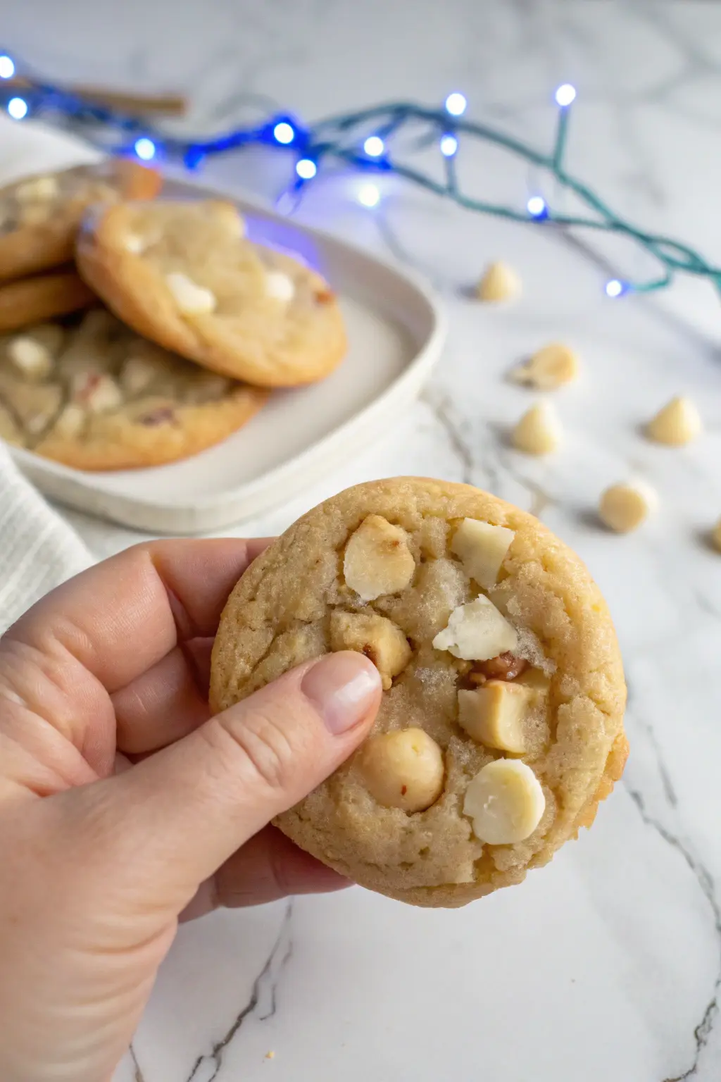 A hand is gently holding one White chocolate macadamia nut cookie.
