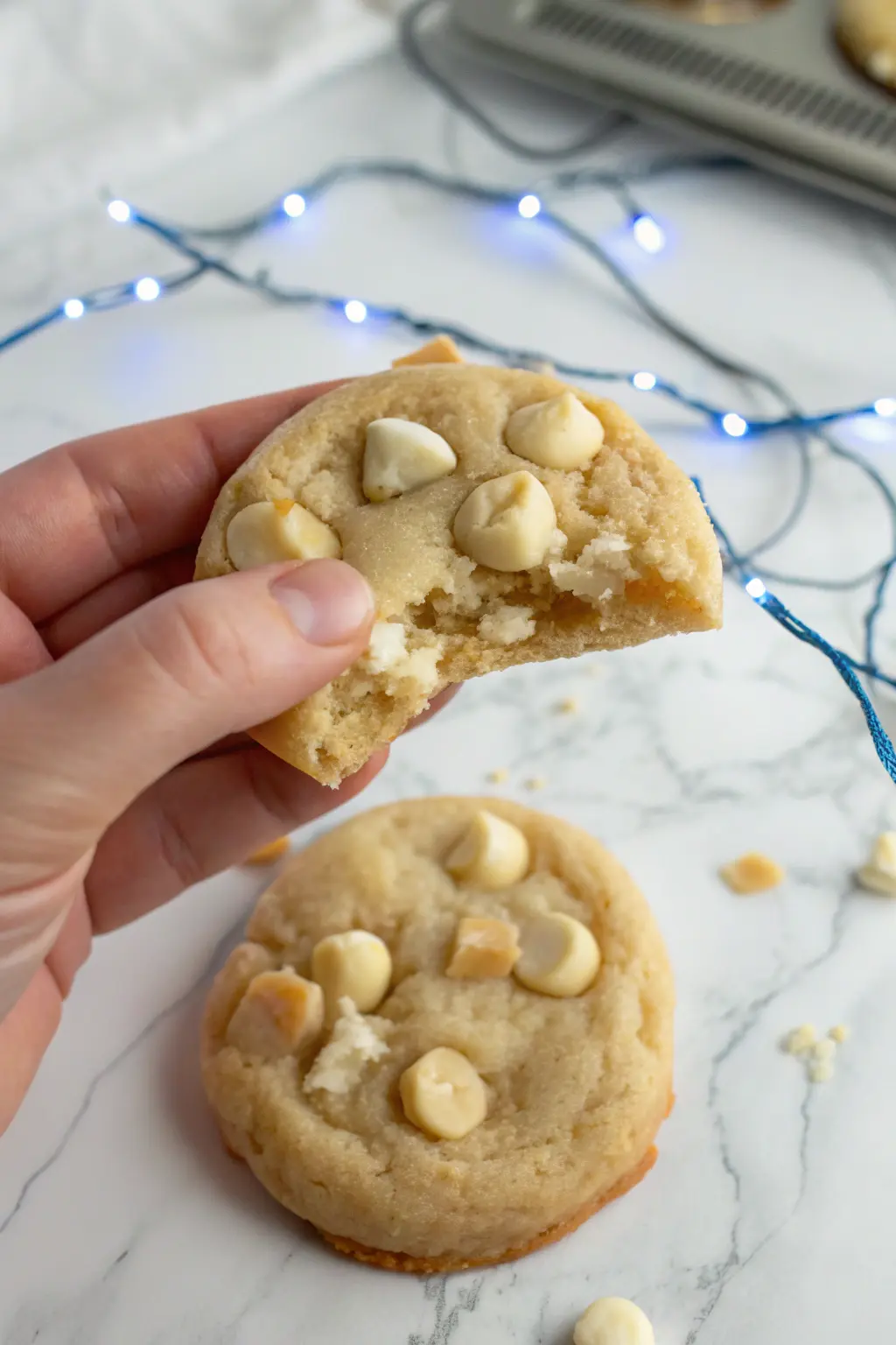 A hand is gently holding one White chocolate macadamia nut cookie with a bite taken out of it.