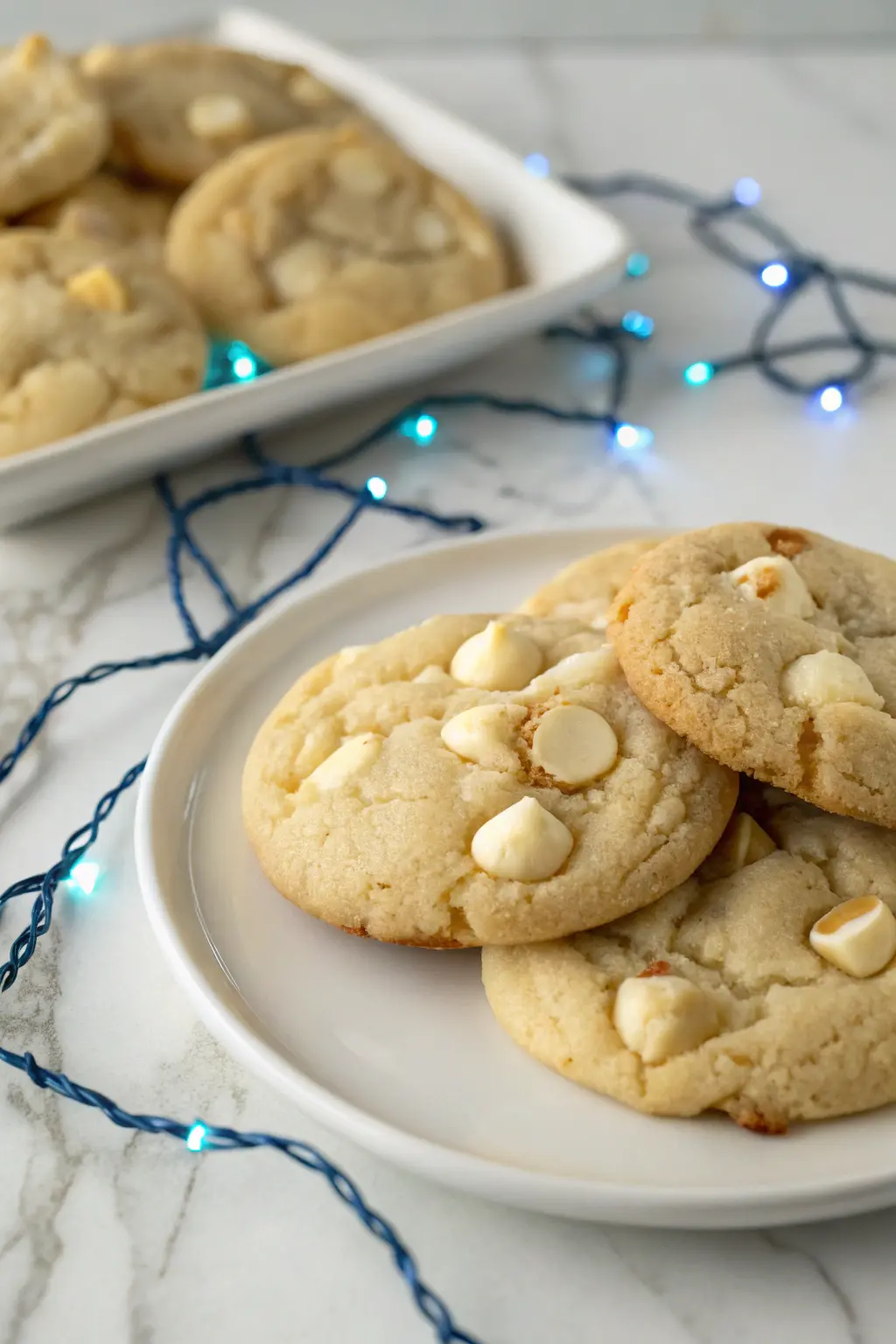 White chocolate macadamia nut cookies on a white plate against a white marble surface and blue LED strings around the plate.