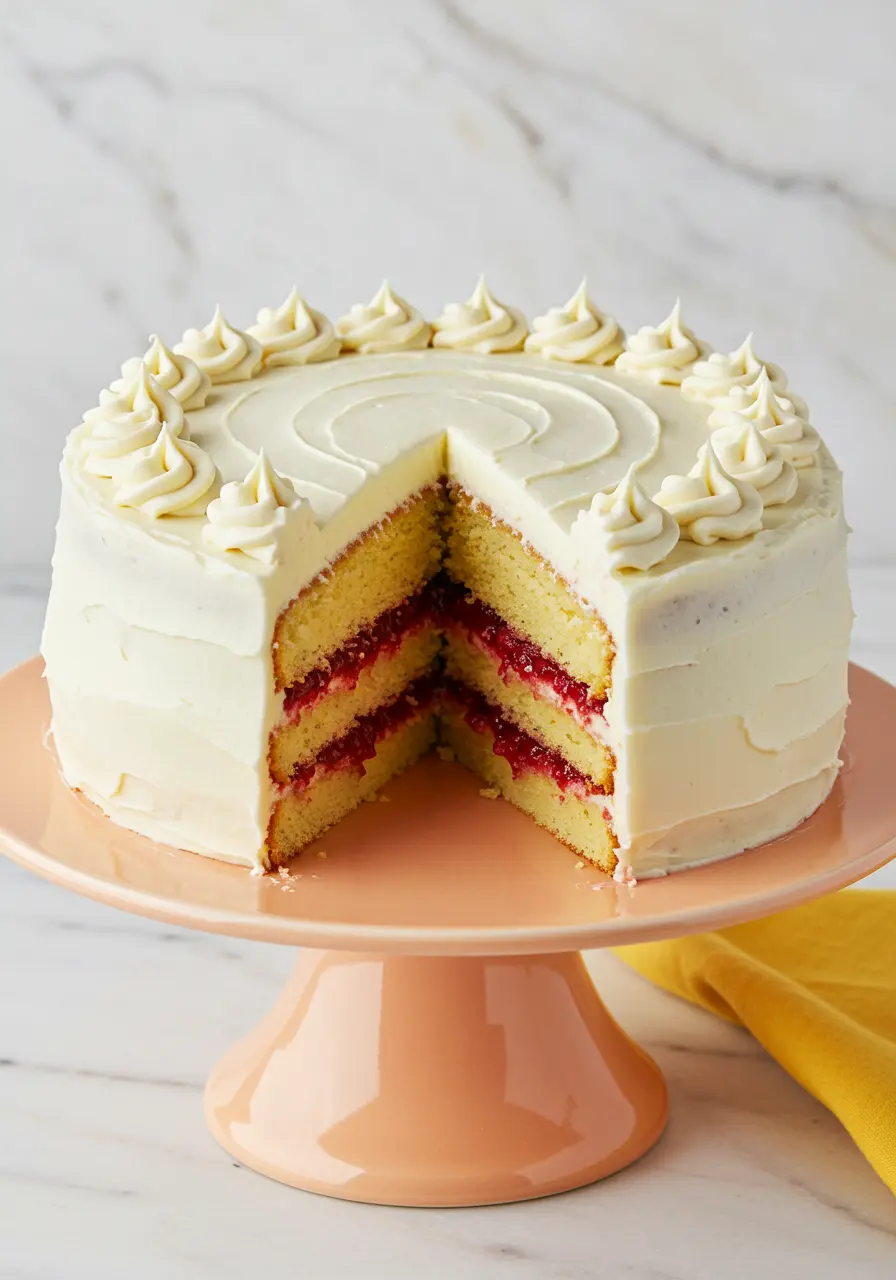 White chocolate raspberry cake on a light orange cake stand.