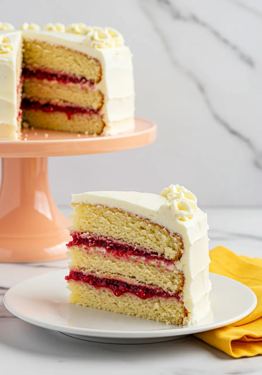 A slice of white chocolate raspberry cake and the cake with the slice missing behind it.