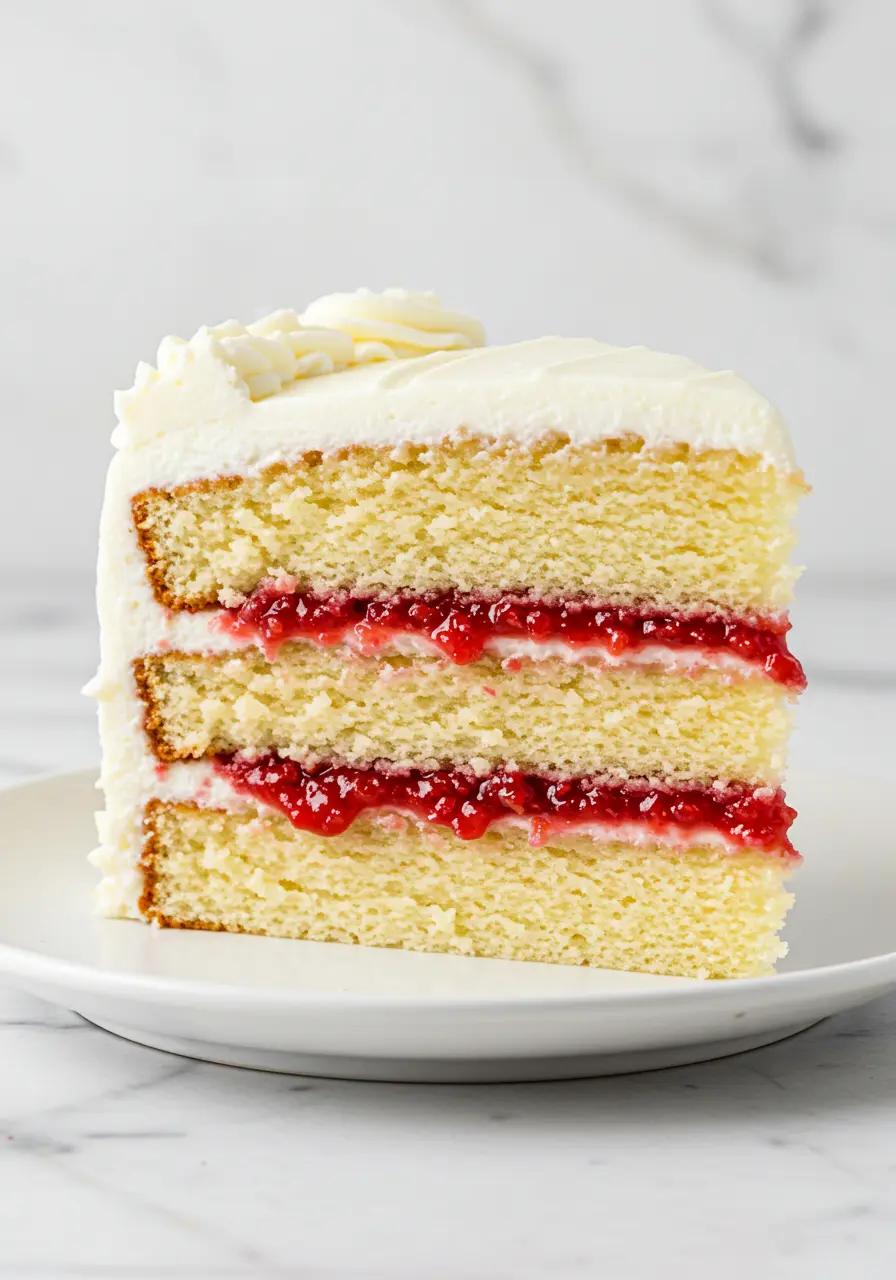 A slice of white chocolate raspberry cake is placed on a white plate.