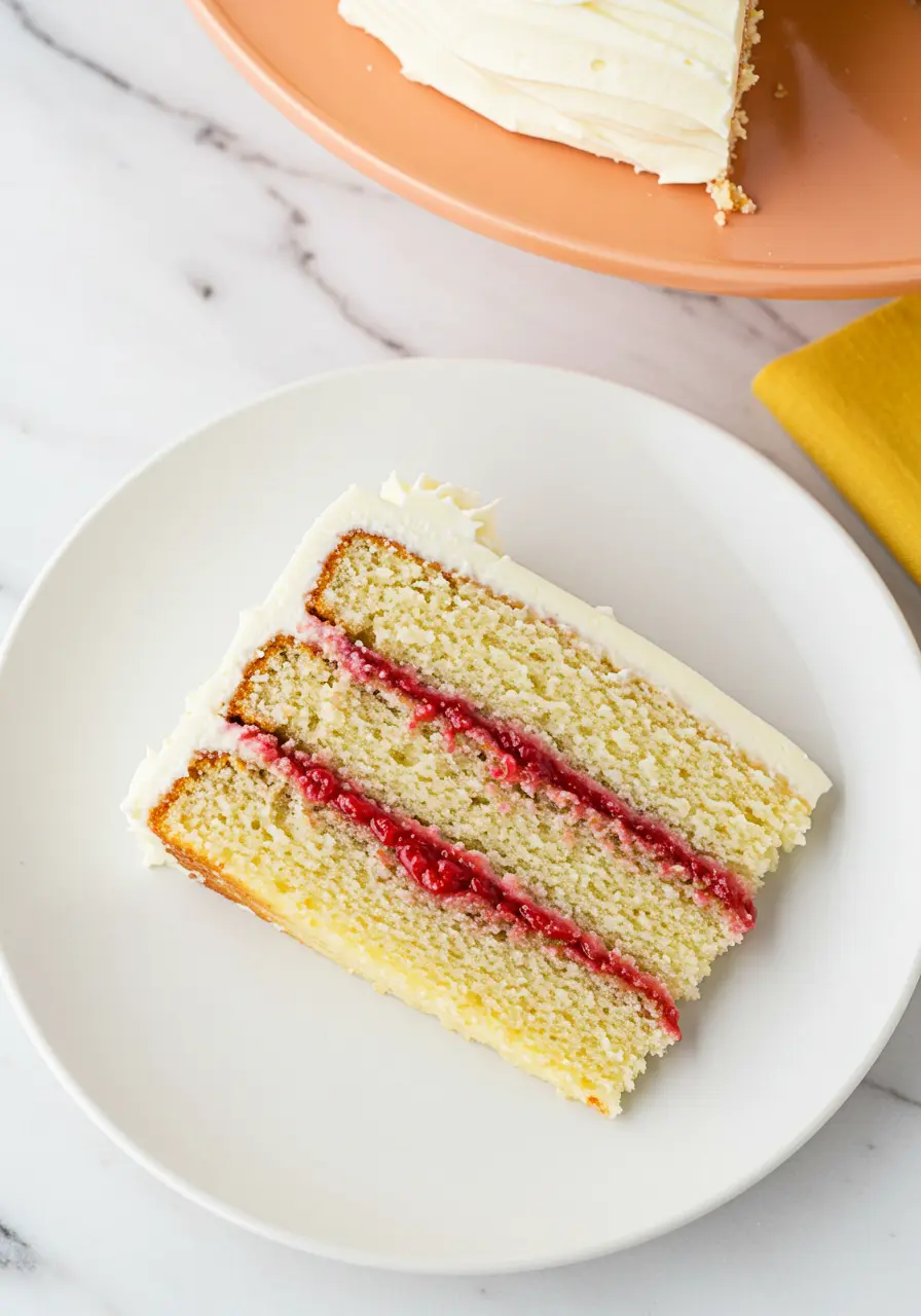 A slice of white chocolate raspberry cake is placed on a white plate against a white marble surface.