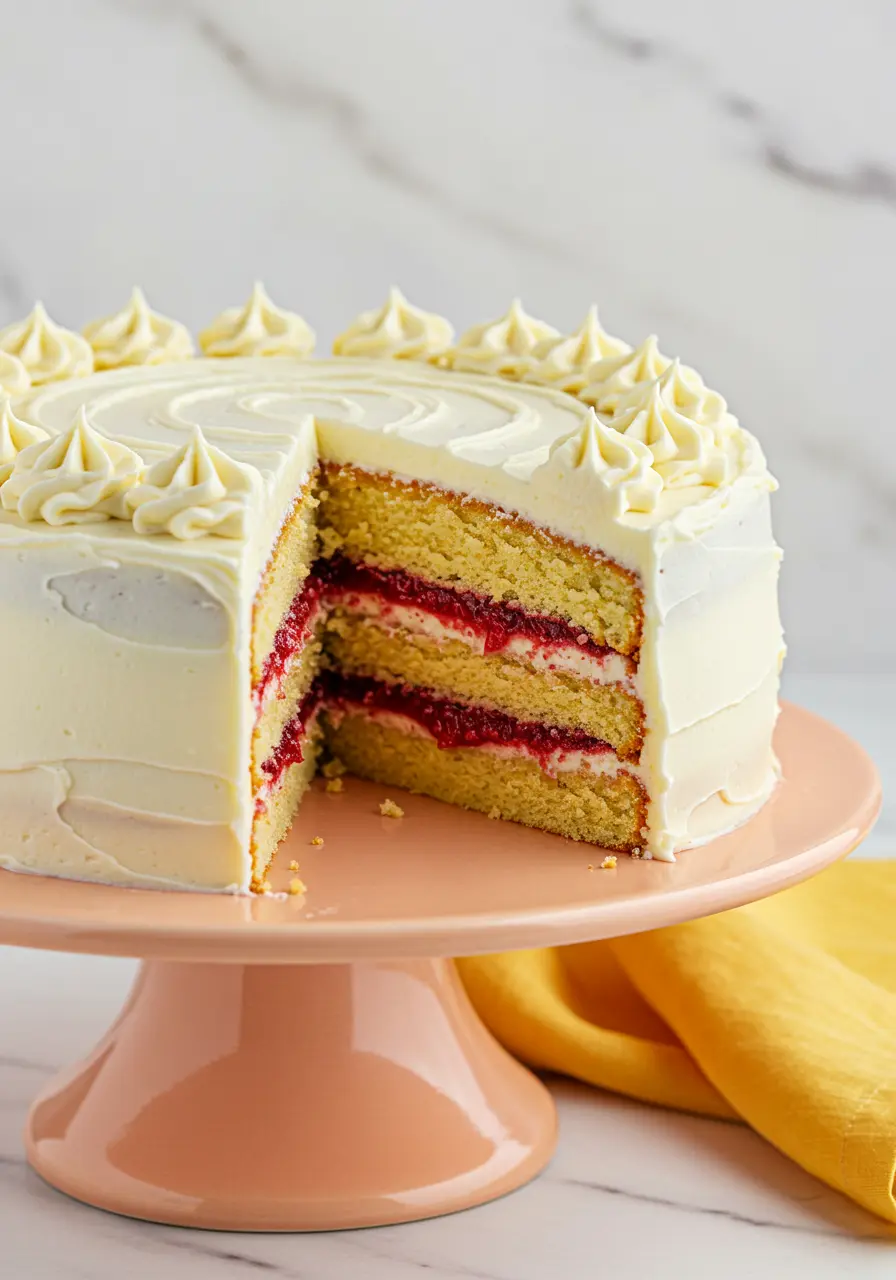 White chocolate raspberry cake on a light orange cake stand with a slice missing.