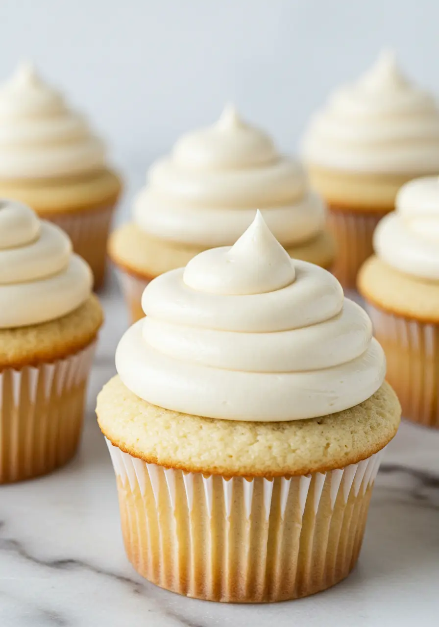 white cupcakes placed on a white marble surface