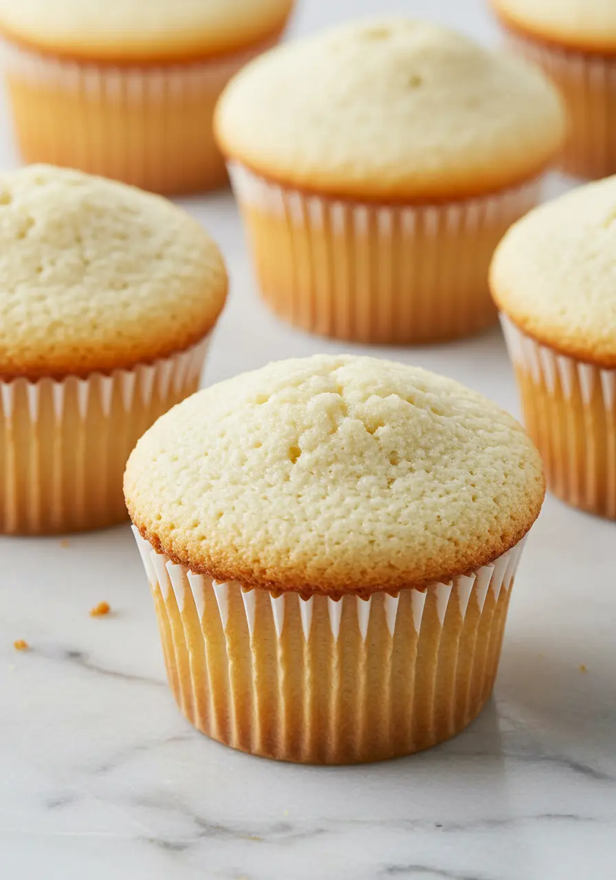 White cupcakes without the frosting are placed on a white marble surface.