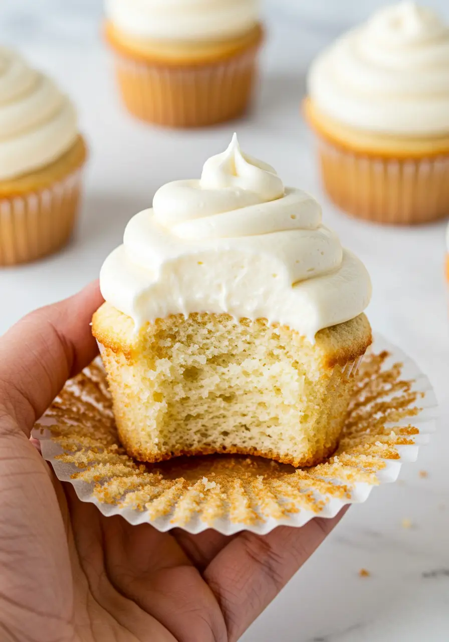 A hand holding one white cupcake with a bite taken out of it.