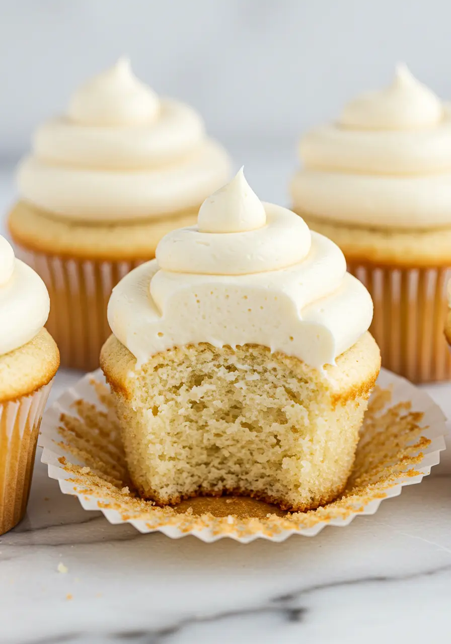 white cupcakes placed on a white marble surface with one of them having a bite taken out of it.