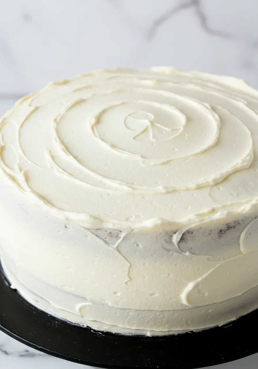 White velvet cake on a black cake stand.