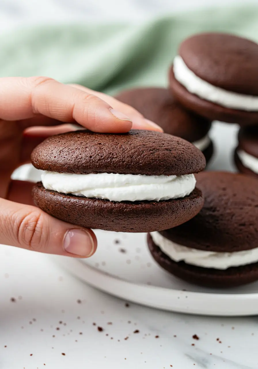 A hand holding one whoopie pie and a plate filled with pies in the background.