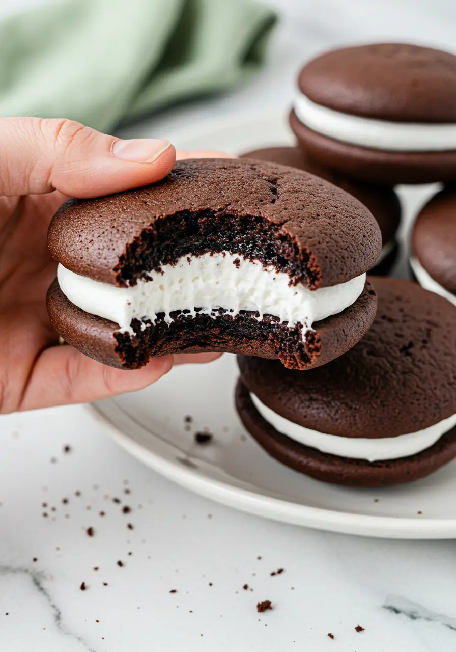 A hand holding a whoopie pie with a bite taken out of it.
