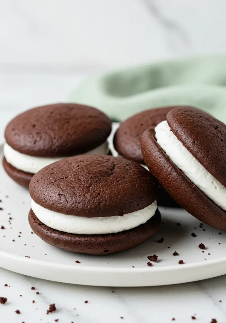Whoopie pies on a white plate against a marble surface.