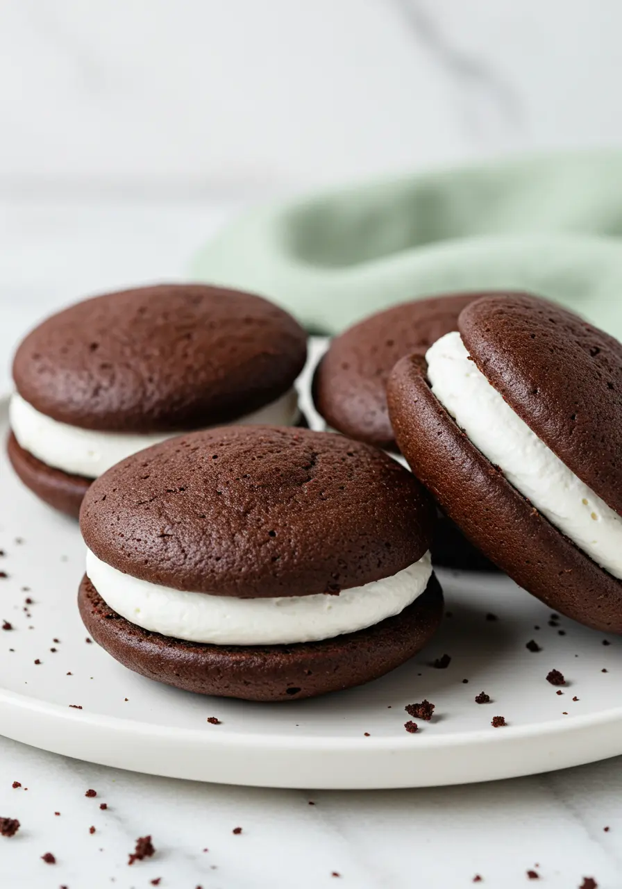 Whoopie pies on a white plate against a marble surface.