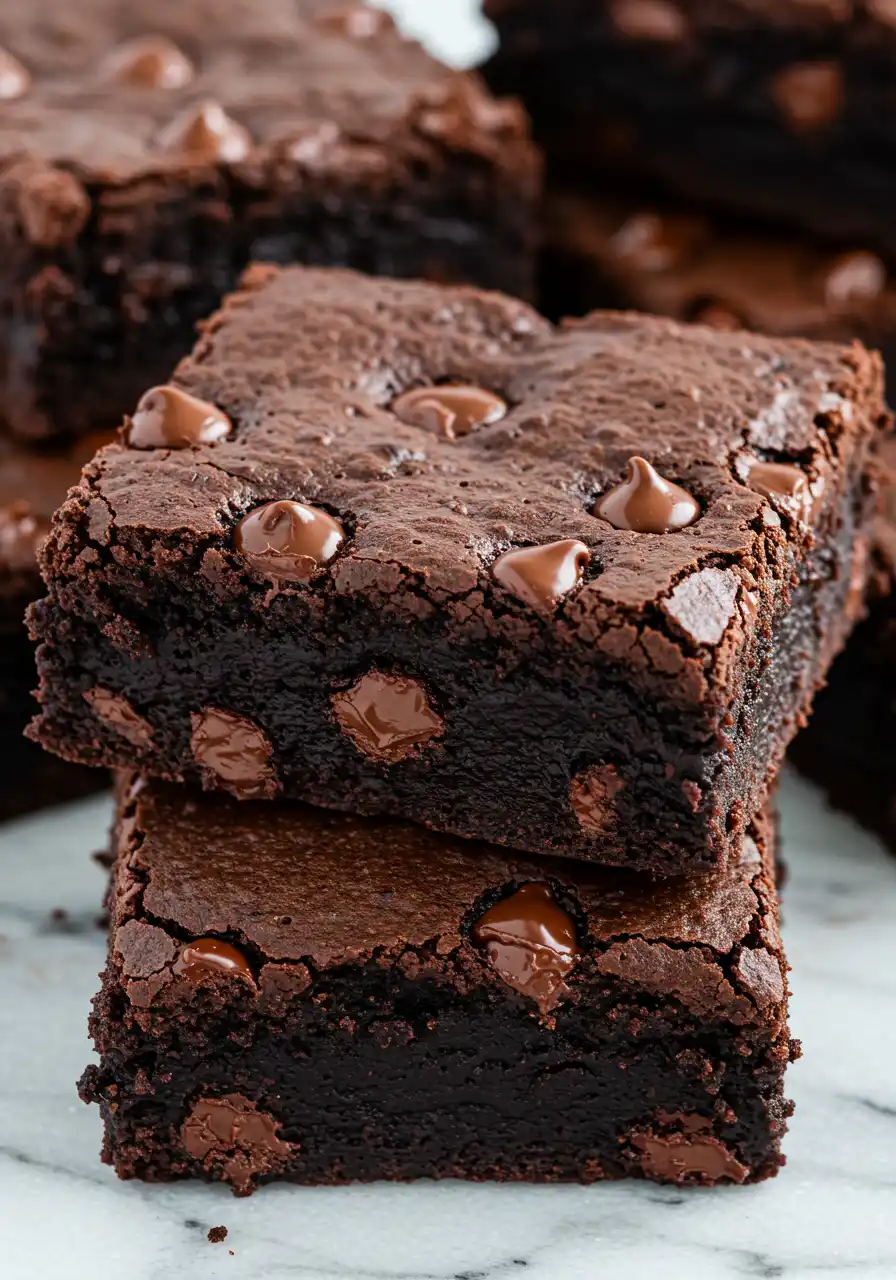Zucchini brownies placed on a white marble surface.