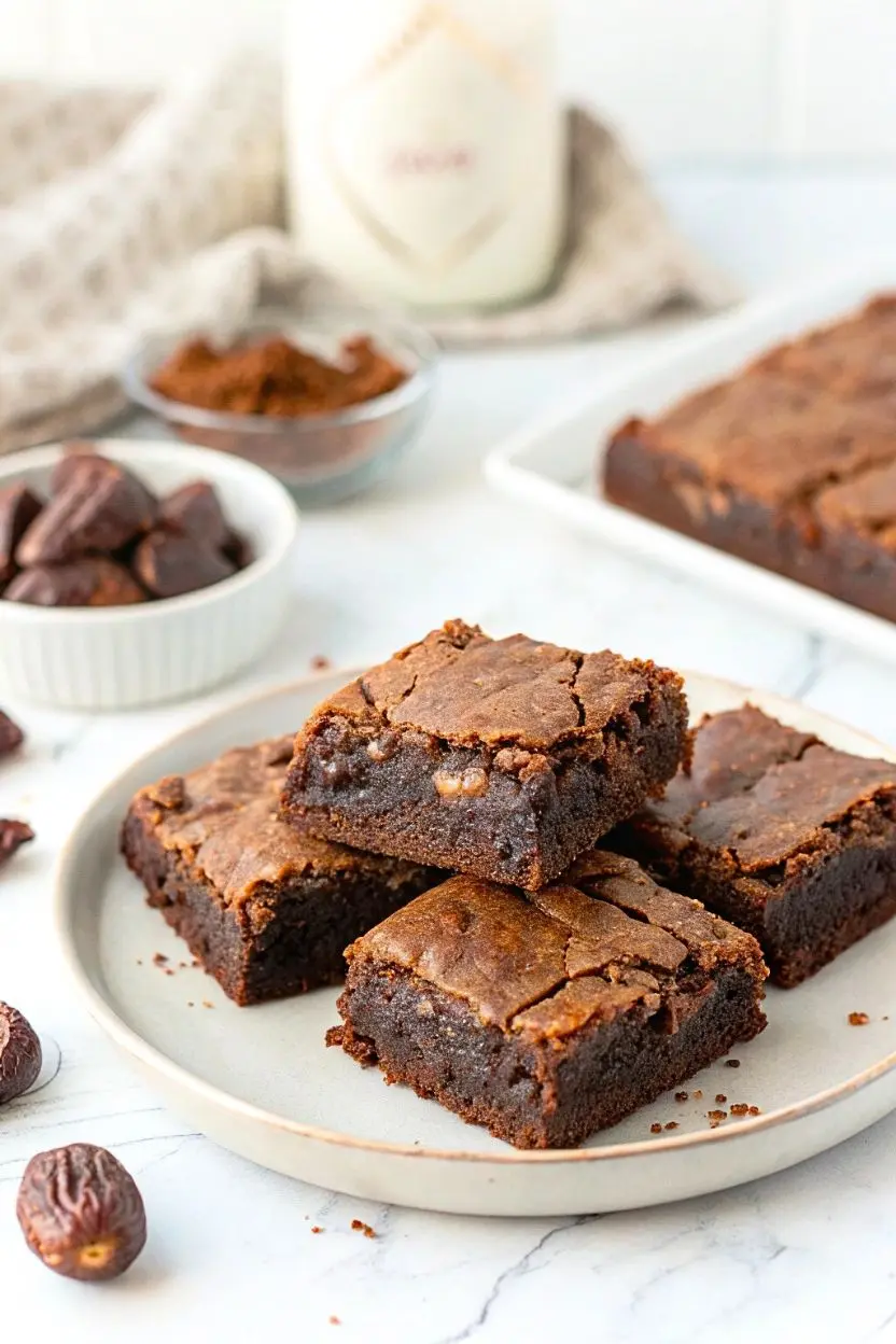 Almond flour date brownies on a white plate against a white marble surface.