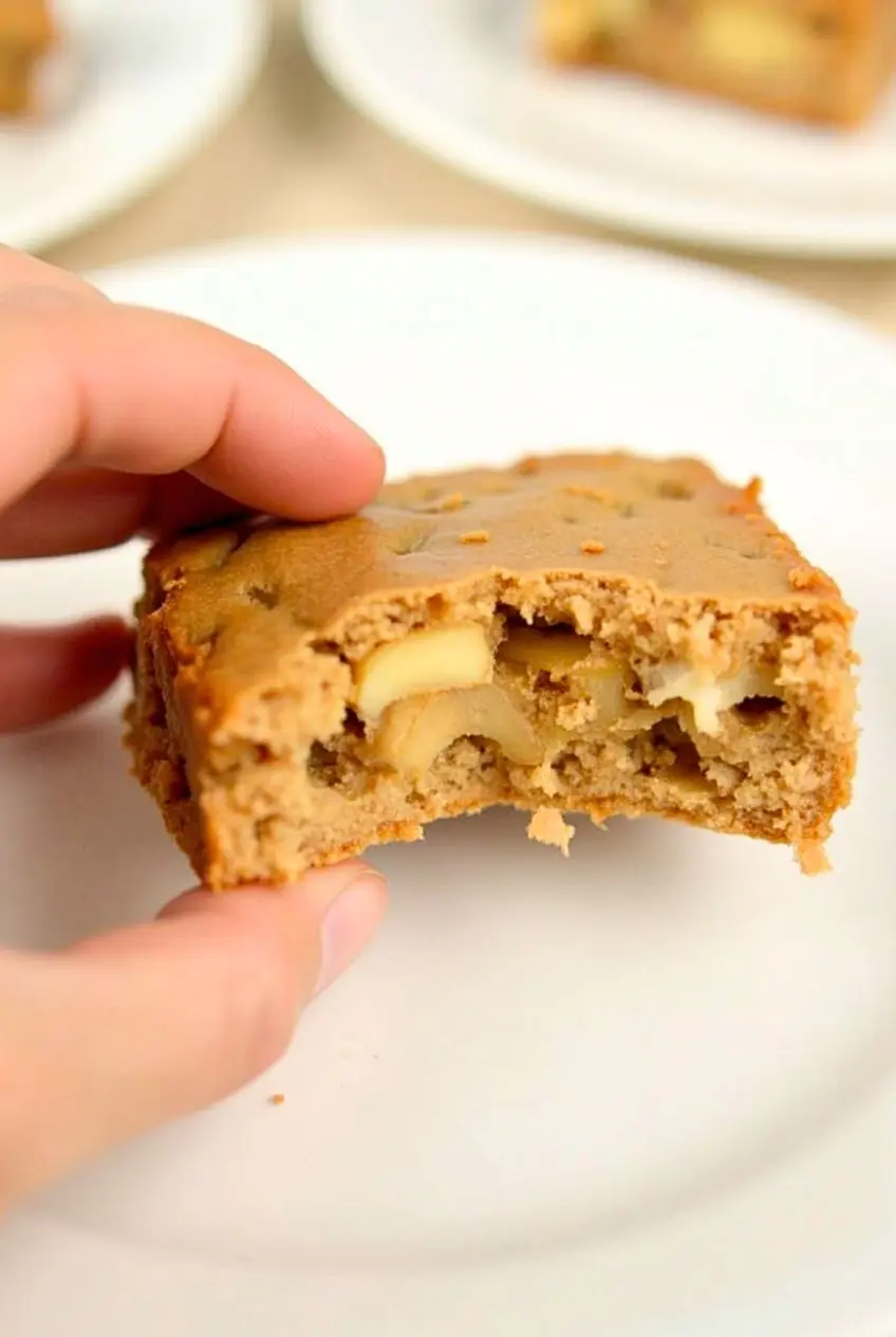 A hand is gently holding an apple brownie with a bite taken out of it.