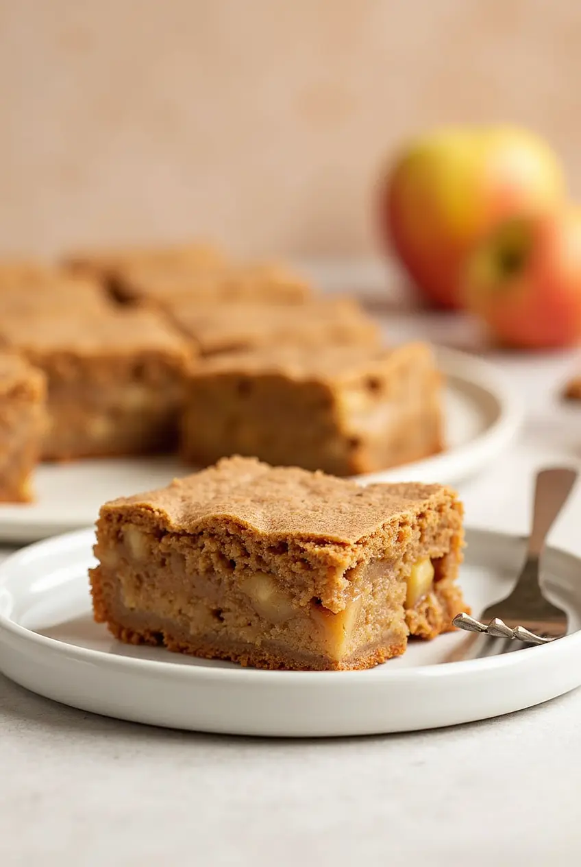 An apple brownie placed on a white plate with a fork next to it.