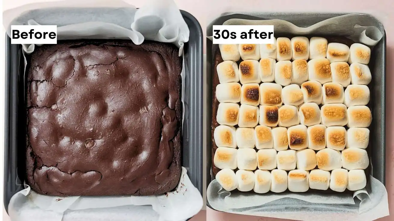 Image of a pan with freshly baked brownie batter and the same pan topped with marshmallows.