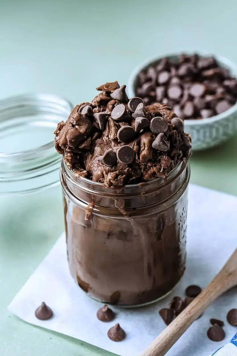 Edible chocolate batter in a glass jar topped with chocolate chips, with a wooden spoon beside it and a bowl filled with chocolate chips behind.