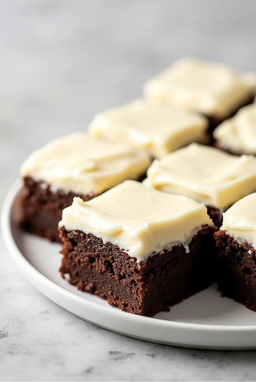 brownies with cream cheese frosting placed on a white plate against gray marble surface.