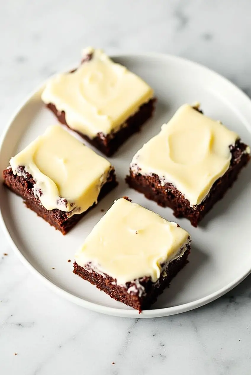 brownies with cream cheese frosting on a white plate.