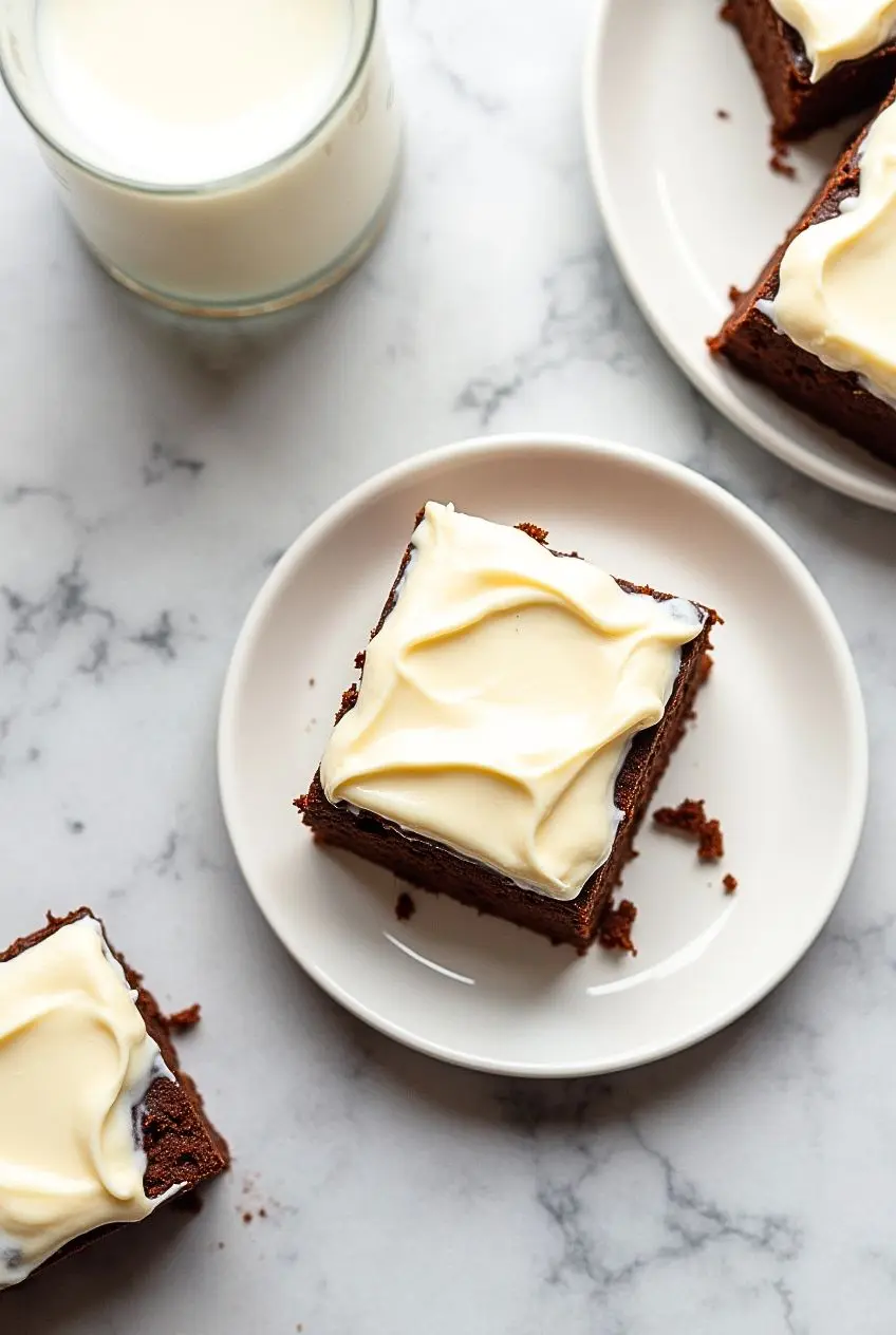 brownie with cream cheese frosting on a white plate against gray marble surface.