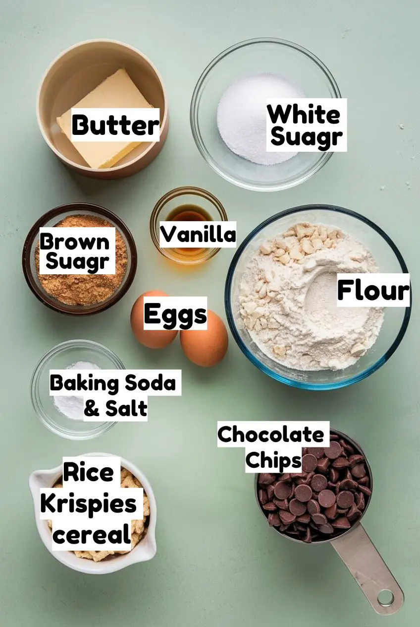 Ingredients on a light green surface including butter, flour, sugar, vanila, eggs, baking soda, salt, rice Krispies, and chocolate chips.
