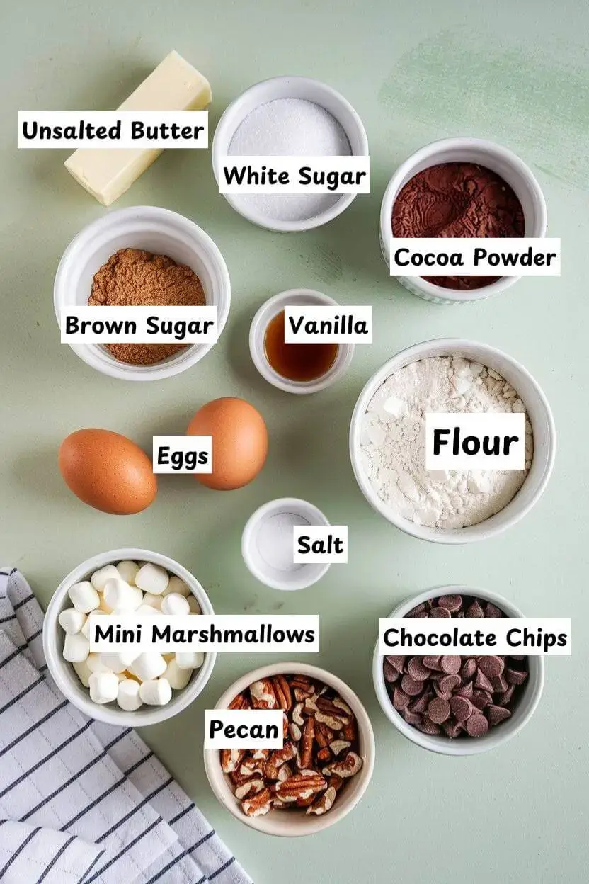 Ingredients including butter, sugar, cocoa powder, vanilla, flour mini marshmallows, chocolate chips, eggs, and pecan.