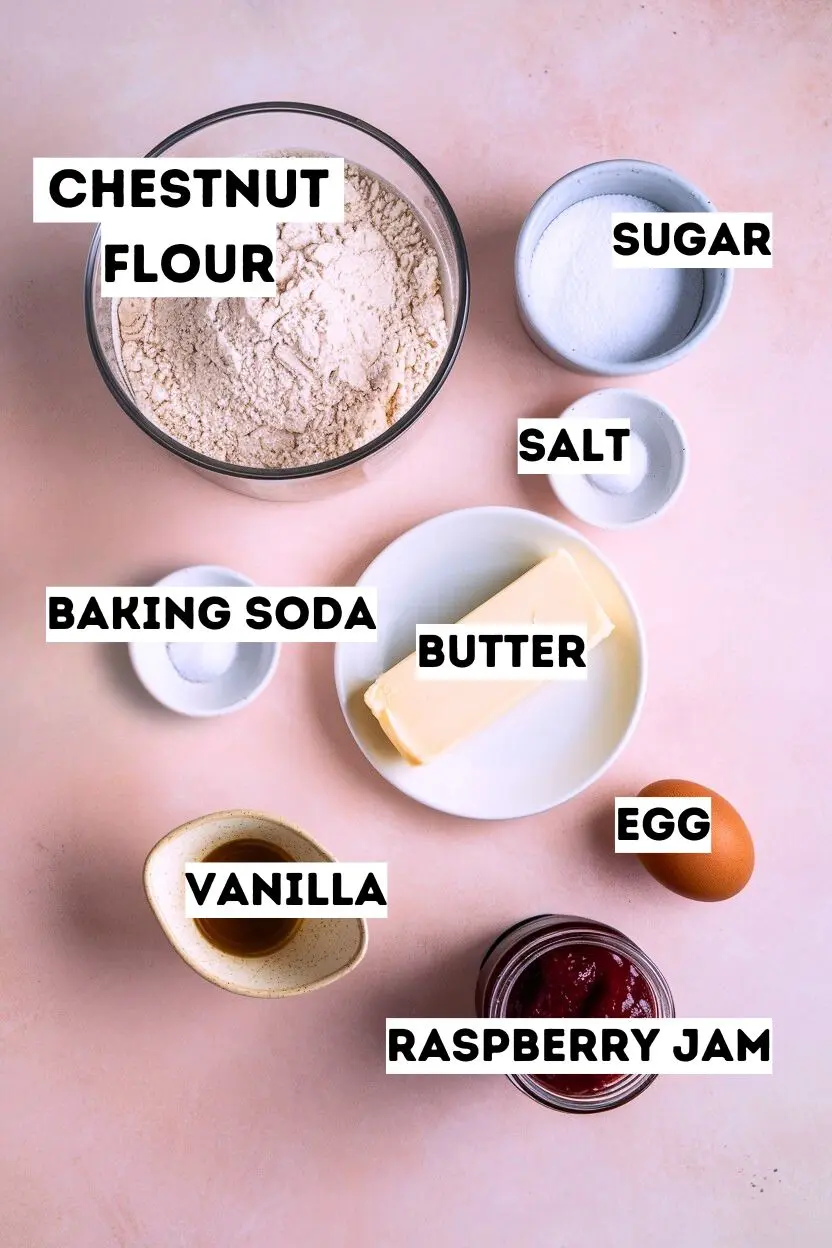 Ingredients on a light pink surface including chestnut flour, sugar, salt, soda, butter, egg, vanilla, and raspberry jam.