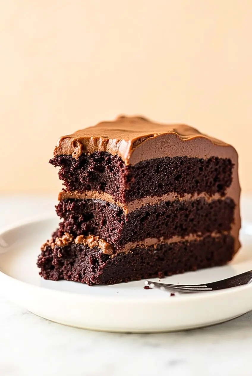 A slice of chocolate coffee cake with a bite taken out of it.