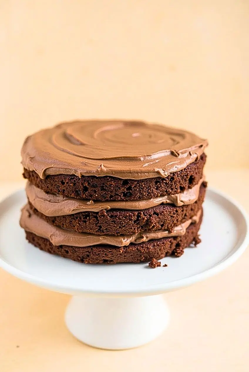 Three layer chocolate coffee cake with a smooth mocha buttercream frosting on it.