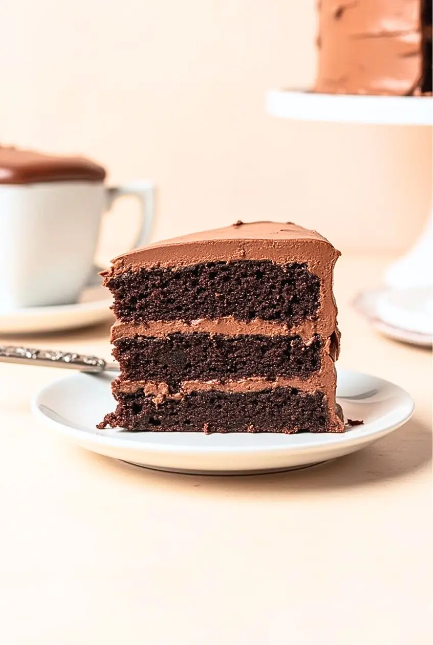 A slice of chocolate coffee cake on a white plate against a soft beige surface.
