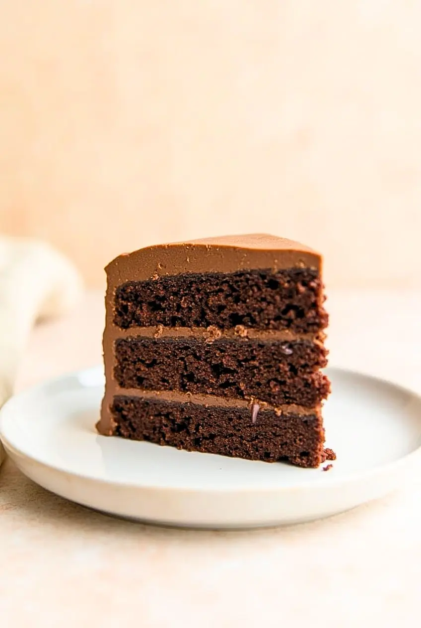A slice of chocolate coffee cake on a white plate.