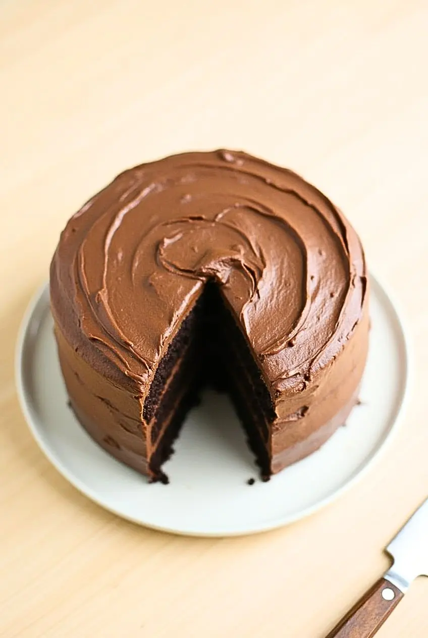 chocolate coffee cake with a slice taken out of it.