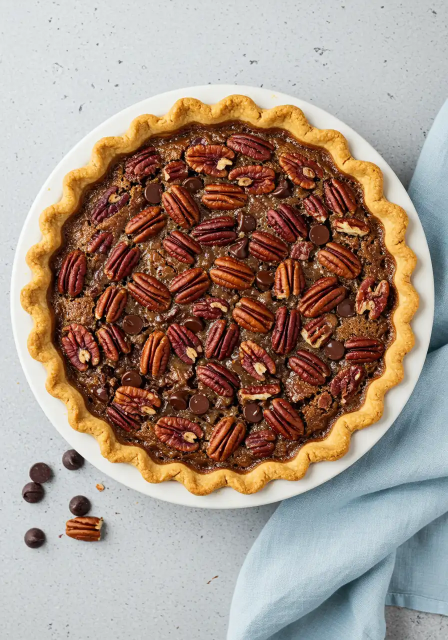 chocolate pecan pie in a white pie dish against a light gray surface.